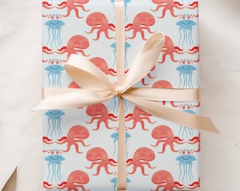 Sea Creatures Wrapping Paper, Octopus and Jellyfish Gift Wrap, Oneder the Sea Themed First Birthday Party, Cute Preschool Present Ideas