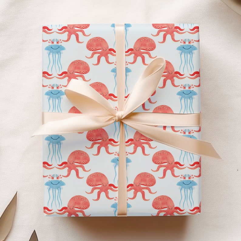 Sea Creatures Wrapping Paper, Octopus and Jellyfish Gift Wrap, Oneder the Sea Themed First Birthday Party, Cute Preschool Present Ideas image 1