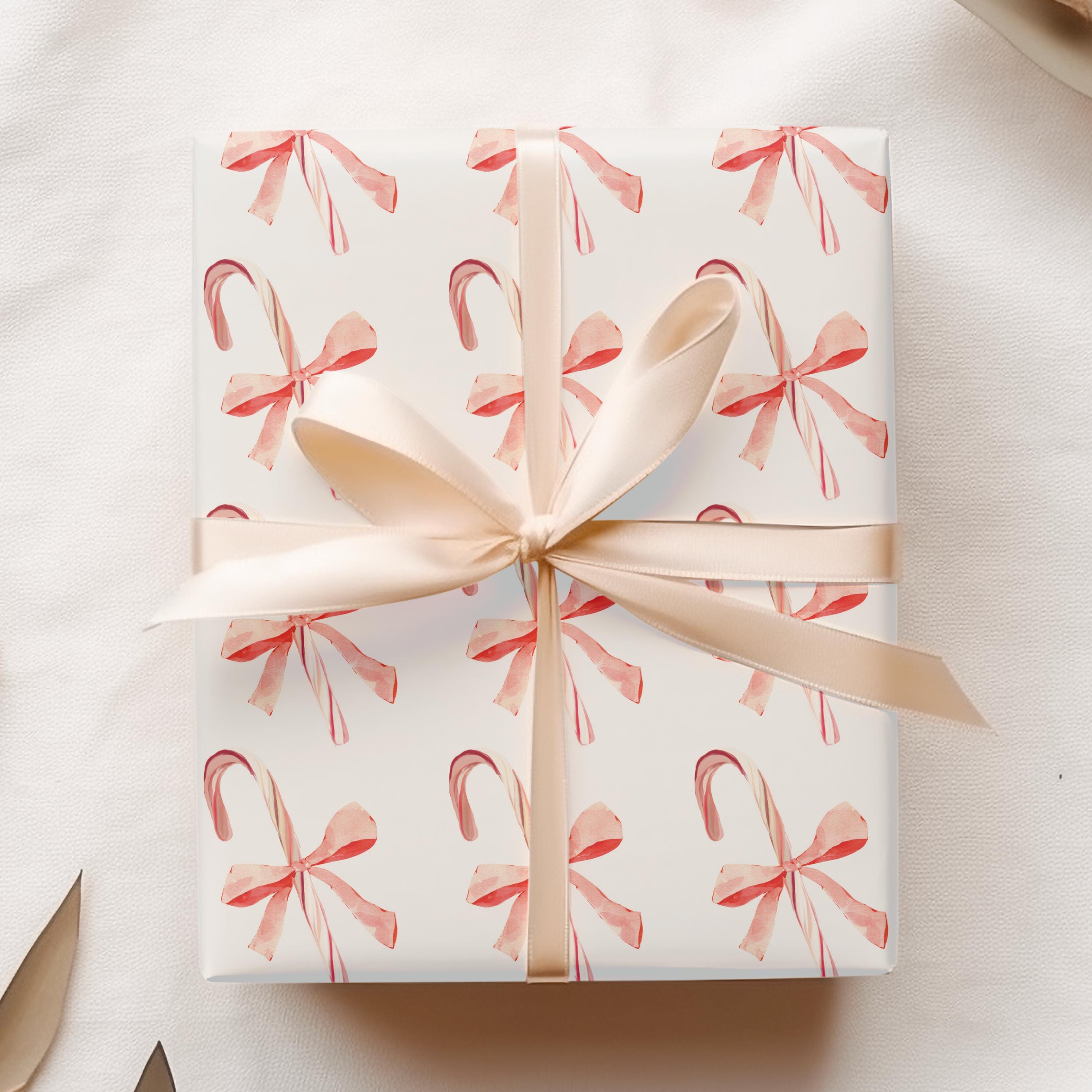 Candy Cane Gift Wrap, Holiday Wrapping Paper, Watercolor Peppermint Candy with Bows, Quality Gift Sheets for Christmas Present, Gift for Her