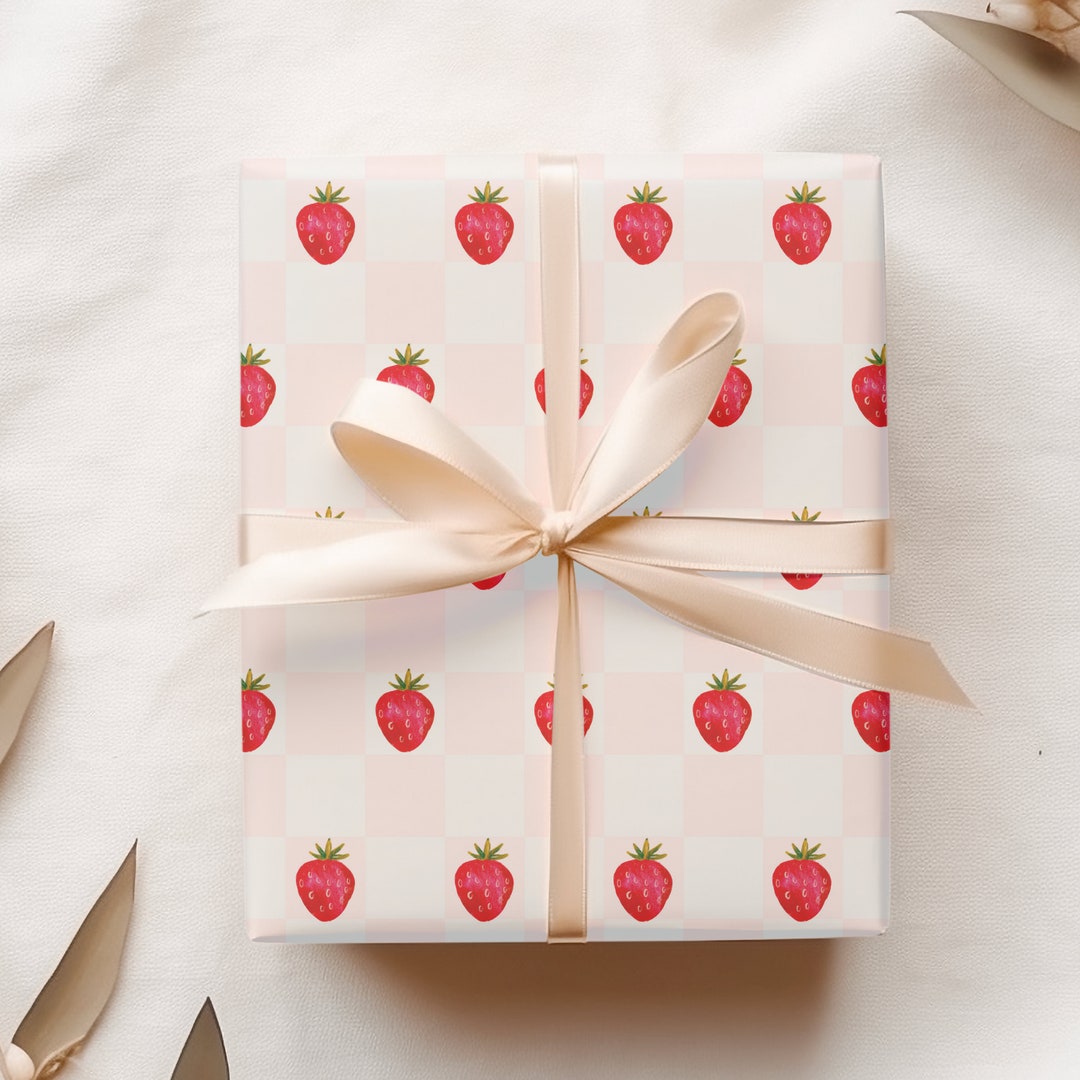 Strawberry Picnic Wrapping Paper, Illustrated Summer Fruit Gift Wrap, Cute Gift Sheets for