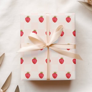 Strawberry Picnic Wrapping Paper, Illustrated Summer Fruit Gift Wrap, Cute Gift Sheets for Strawberry Themed Baby Shower or Birthday Party