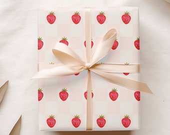 Strawberry Picnic Wrapping Paper, Illustrated Summer Fruit Gift Wrap, Cute Gift Sheets for Strawberry Themed Baby Shower or Birthday Party