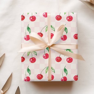 Watercolor Cherry Pattern Wrapping Paper, Cute Checkerboard Gift Wrap, Fruit Aesthetic Gift Sheets, Presents for Summer Birthday Party