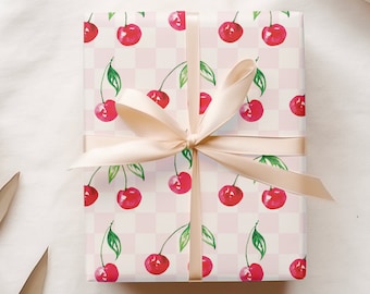 Watercolor Cherry Pattern Wrapping Paper, Cute Checkerboard Gift Wrap, Fruit Aesthetic Gift Sheets, Presents for Summer Birthday Party