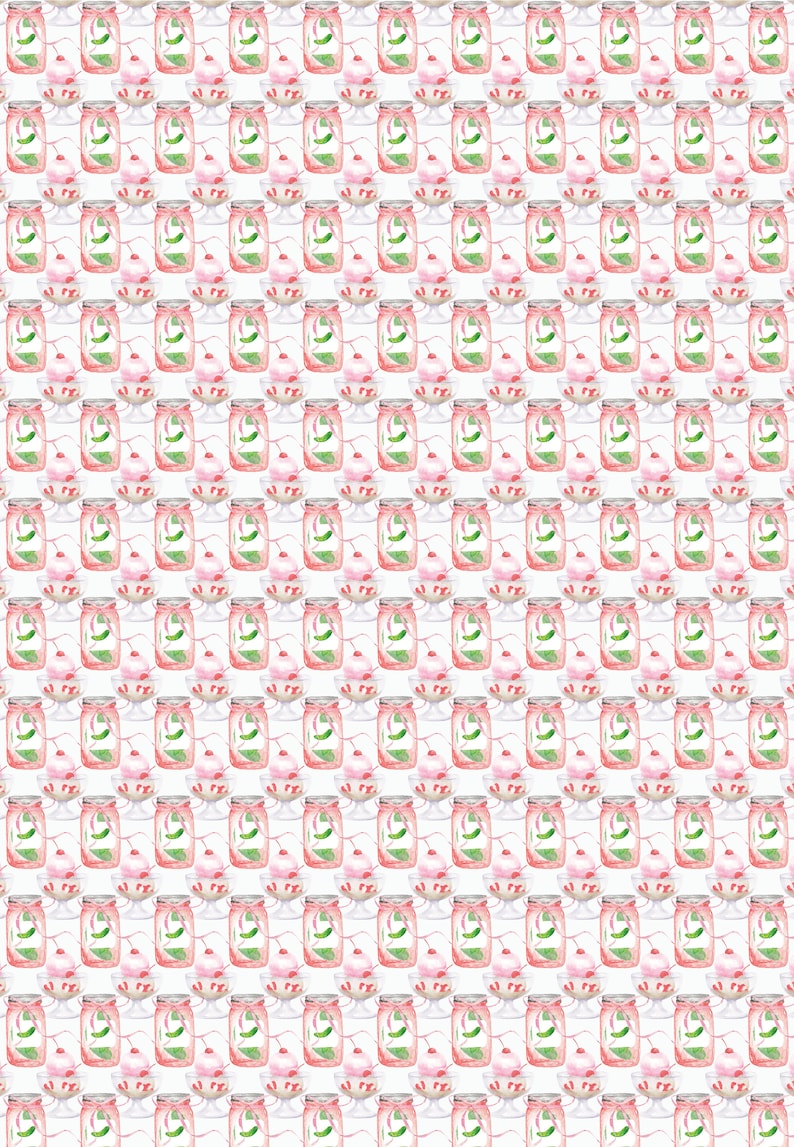 Wrapping paper is shown on a wrapped present. The gift wrap has a white background with rows of pink watercolor pickle jars with pink bows and watercolor clear glass ice cream bowls with pink ice cream with a cherry on top and sliced strawberries.