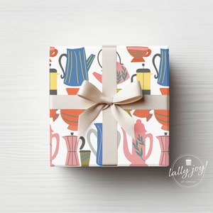 Retro Tea Kettle Wrapping Paper, Tea Kettles Gift Wrap, Tea Pot Gift Paper, Tea Cups Wrapping Paper, Gift for Tea Lover