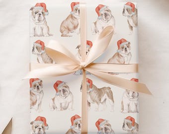 English Bulldog Wrapping Paper, Illustrated Holiday Dogs Gift Wrap, Quality Matte Gift Sheets, Christmas Gift Ideas for Dog Lover or Owner