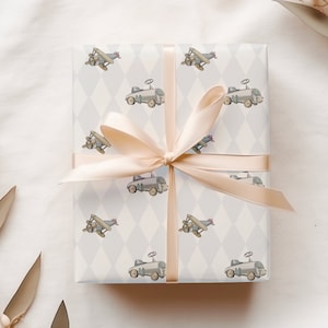 Vintage Airplanes and Cars Wrapping Paper, Retro Child Toys Gift Wrap, Little Boy First Birthday Gift Sheets, Transportation Baby Shower