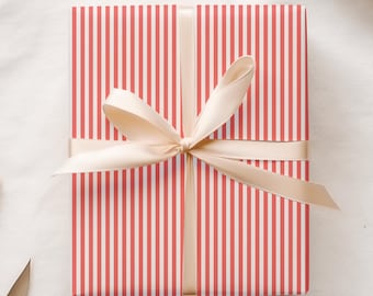 Oxford Stripe Holiday Gift Wrap, Muted Red or Green Thin Striped Wrapping Paper, Recyclable Matte Gift Sheets, Classic Christmas Packaging
