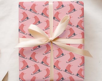 Pink Ice Skate Wrapping Paper, Winter Holiday Packaging