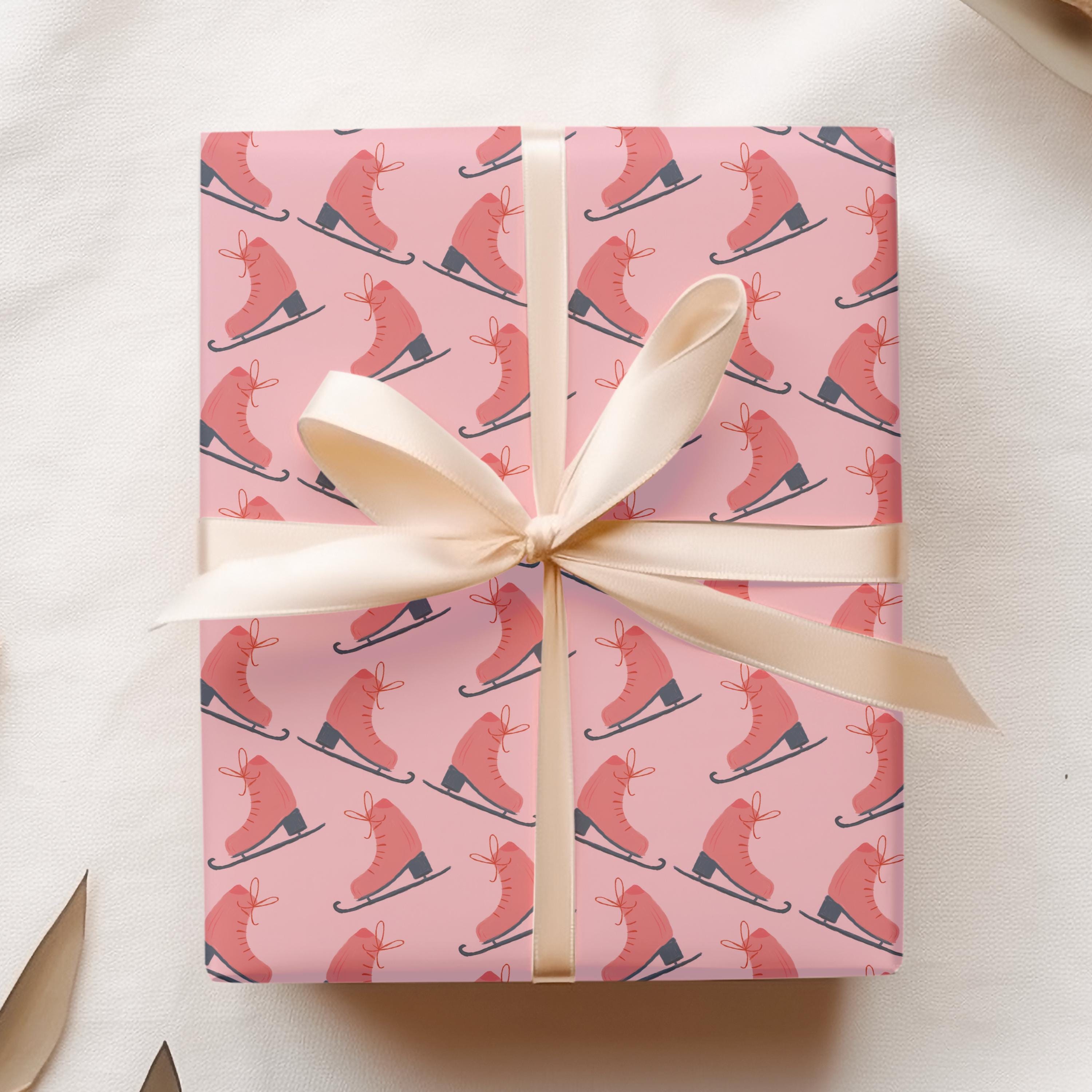 Pink Ice Skate Wrapping Paper, Illustrated Winter Gift Wrap for Skaters, Holiday Packaging, Birthday Parties, & Figure Skating Fans