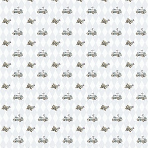 A gift is wrapped in wrapping paper with childlike watercolor cars and planes in muted gray and brown colors on a faded gray and white diamond shaped background.