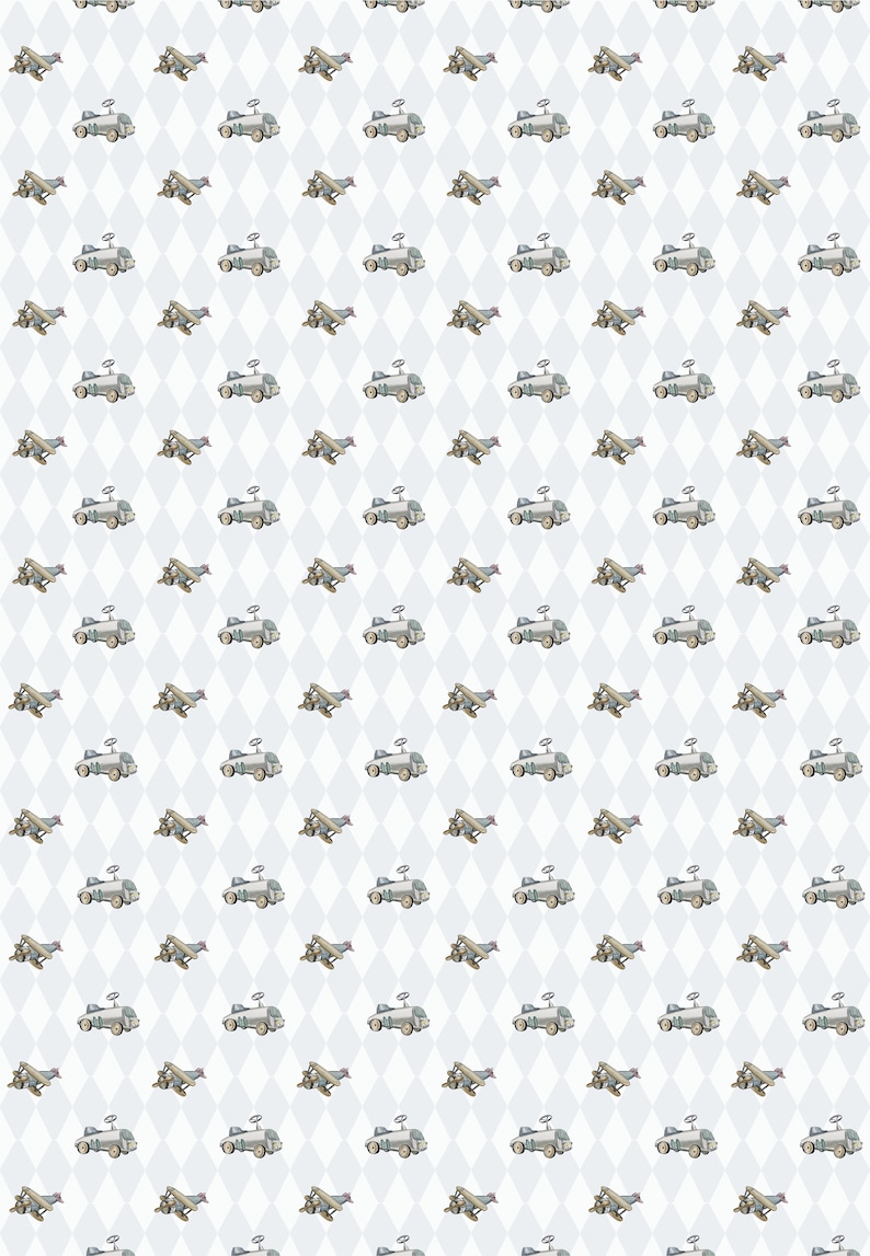 A gift is wrapped in wrapping paper with childlike watercolor cars and planes in muted gray and brown colors on a faded gray and white diamond shaped background.