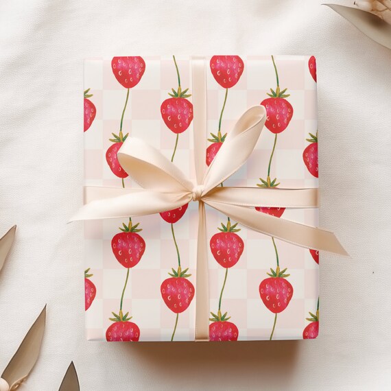 Modern Strawberry Wrapping Paper, Fun Illustrated Fruit Gift Wrap, Quality Matte Gift Sheets, Cute Packaging Ideas, Summer Party Presents