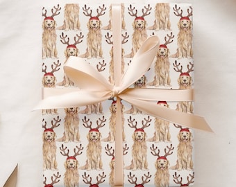 Christmas Golden Retriever Wrapping Paper, Illustrated Dog with Reindeer Antler Gift Wrap, Fun Holiday Gift for Dog Lover or New Puppy Owner