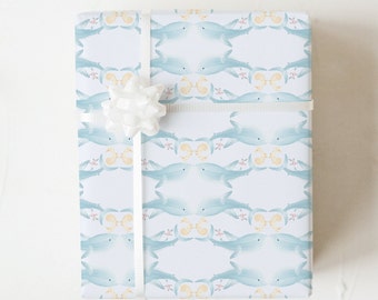 Illustrated Shark Wrapping Paper, Under the Sea Gift Wrap for Child, Quality Gift Sheets for Themed Birthday Party or Baby Shower