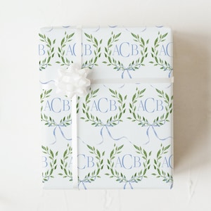 Monogrammed Wrapping Paper, Custom Gift Wrap, Personalized Gift Sheets, Watercolor Greenery with Blue Bows