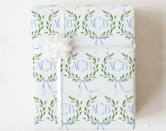 Monogrammed Wrapping Paper, Custom Gift Wrap, Personalized Gift Sheets, Watercolor Greenery with Blue Bows