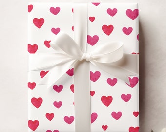 Watercolor Hearts Wrapping Paper, Valentine's Day Gift Wrap, Red and Pink Heart Paper