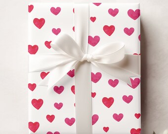 Watercolor Hearts Wrapping Paper, Valentine's Day Gift Wrap, Red and Pink Heart Paper