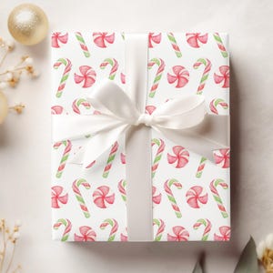 Candy Cane Gift Wrap, Peppermint Wrapping Paper, Illustrated Quality Matte Gift Sheets for Christmas Presents, Watercolor Holiday Gift Wrap