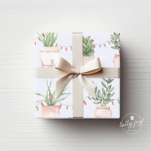 House Plants with Christmas Lights Wrapping Paper, Holiday Gift Wrap, Plant Lady Christmas