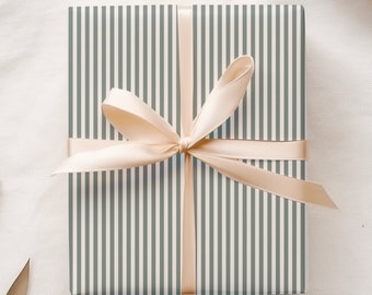 Oxford Stripe Gift Wrap, Green and White Thin Striped Wrapping Paper, Quality Gift Sheets