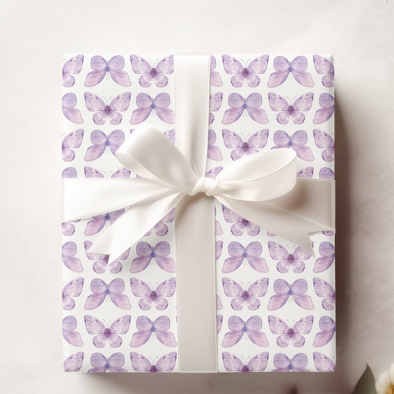 Purple Butterfly Wrapping, Butterflies Gift Wrap, Girl's Wrapping Paper image 1