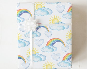 Watercolor Sunshine Wrapping Paper, Rainbow and Clouds Gift Wrap, Quality Gift Sheets for Kids, Cute Packaging for Children's Presents