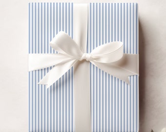 Blue and White Pinstripe Gift Wrap, Oxford Stripe Wrapping Paper, Preppy Wrapping