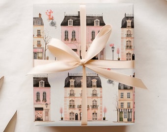 Valentine's Day Wrapping Paper, French Gift Wrap, Paris Apartments, Cute Wrapping Paper for Kids, Holiday Gift Wrap