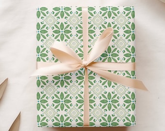 Green Painted Tiles Gift Wrap, Quality Gift Sheets, All Occasion Wrapping Paper {Holiday, Wedding, Birthday, Housewarming}