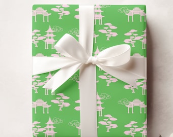 Pink and Green Chinoiserie Wrapping, Pagoda Gift Wrap, Modern Wrapping Paper