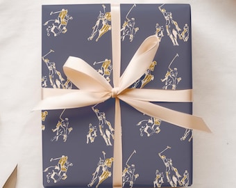 Equestrian Polo Players Gift Wrap, Navy Wrapping Paper, Quality All Occasion Matte Gift Sheets {Holiday, Wedding, Birthday, Father's Day}