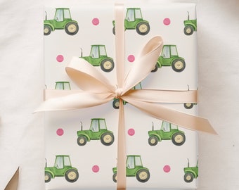 Watercolor Green Tractor Wrapping Paper, Pink Polka Dots Gift Wrap, Farm Girl Gift Sheets, Gift for Farmer's Daughter, Baby Shower Presents