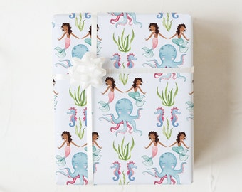 Mermaid Princess Wrapping Paper, Dark Skin Mermaids Gift Wrap, Under-the-Sea Themed Birthday Party, Kid's Present Ideas