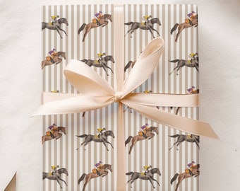 Horse Racing Gift Wrap, Equestrian Wrapping Paper, Preppy Oxford Stripe Gift Sheets for Derby Party or Shower