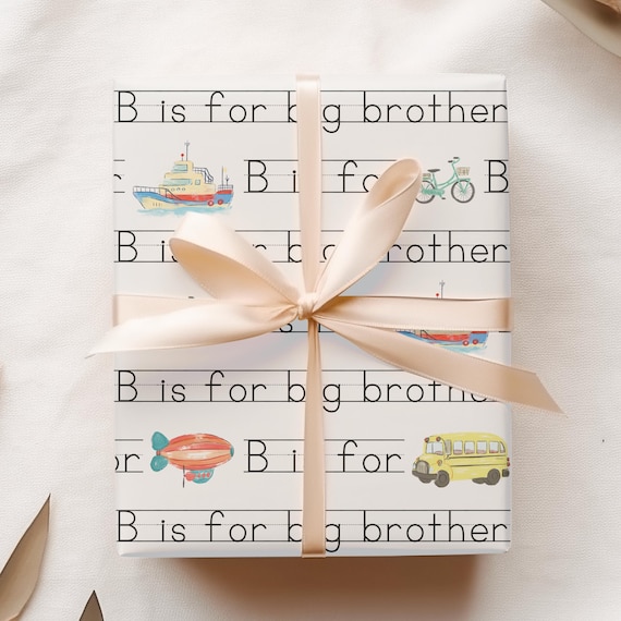 New Big Brother Gift Wrap, Fun Wrapping Paper for Toddler or Preschooler, Cute Transportation Illustrations for Kid {Boat, Bike, Bus, Blimp}