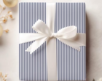 Classic Oxford Stripe Wrapping Paper, Navy Blue or Red Thin Stripe Gift Wrap, All Occasion Recyclable Matte Gift Sheets {Holiday, Christmas}