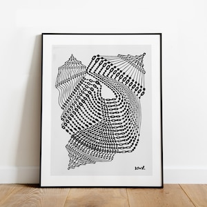 Może przedstawiać: Czarno-biały wydruk abstrakcyjnej sztuki w czarnej ramie. Wydruk przedstawia geometryczny wzór z powtarzających się kształtów i linii.