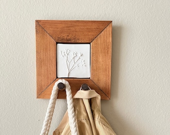 Framed Botanical Plaster Wall Hanger: Rustic Pine Wood Rack