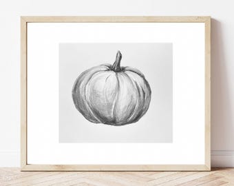 Dibujo de calabaza a lápiz: Arte mural imprimible de otoño (descarga digital)