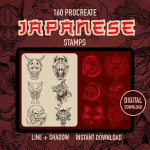 160 Procreate Japaneseスタンプ | タトゥーステンシル | キオフィッシュ | 日本の伝統 | 日本のウォールアートクリップアート | だるま | 芸者 | 虎 | サムライ