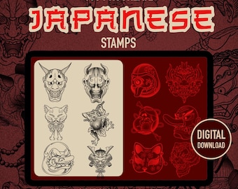 160 Procreate Japanese Stamps | Tattoo Stencils | Kio Fish | Japan Traditional | Japan Wall art Clip Art | Daruma | Geisha | Tiger | Samurai