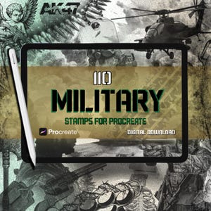 Military Procreate Stamps: Weapons, Vehicles, Army Gear (Digital Download .brushset File)