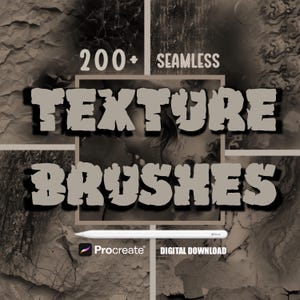 May include: A digital download of 200+ seamless texture brushes for Procreate. The image shows a collage of different textures, including crumpled paper, cracked paint, and water ripples.