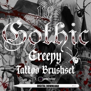 May include: 110 Gothic Creepy Tattoo Brushset for Procreate. Digital download of gothic style tattoo brushes. The image shows a collection of brushes with a gothic theme, including skulls, spiders, and other creepy elements.