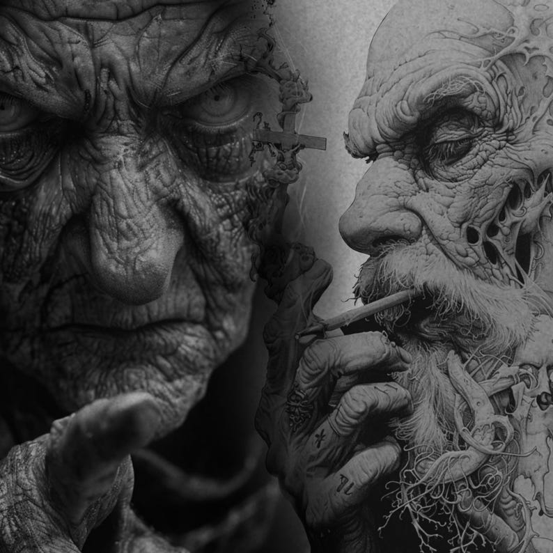 May include: Two black and white detailed drawings of elderly men's faces. The man on the left has a furrowed brow and a serious expression. The man on the right has a beard and is holding a cigarette in his hand.