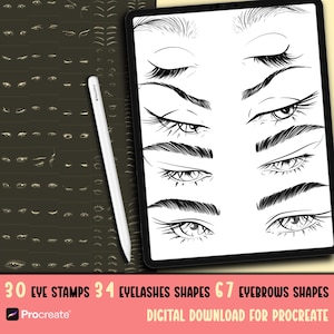 May include: Digital download for Procreate with 30 eye stamps, 34 eyelash shapes, and 67 eyebrow shapes. The image shows a tablet displaying eye illustrations, a stylus, and a collection of eye designs.