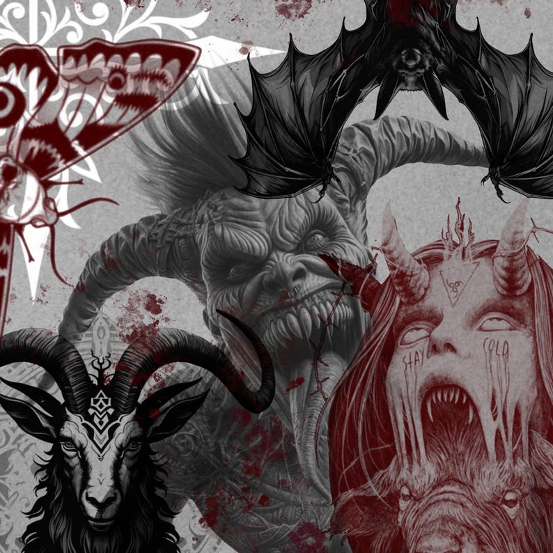 May include: A digital illustration featuring a variety of dark and demonic imagery. The image includes a bat, a goat, a demon with horns, and a creature with a large mouth and sharp teeth. The background is a dark gray with red blood splatters.